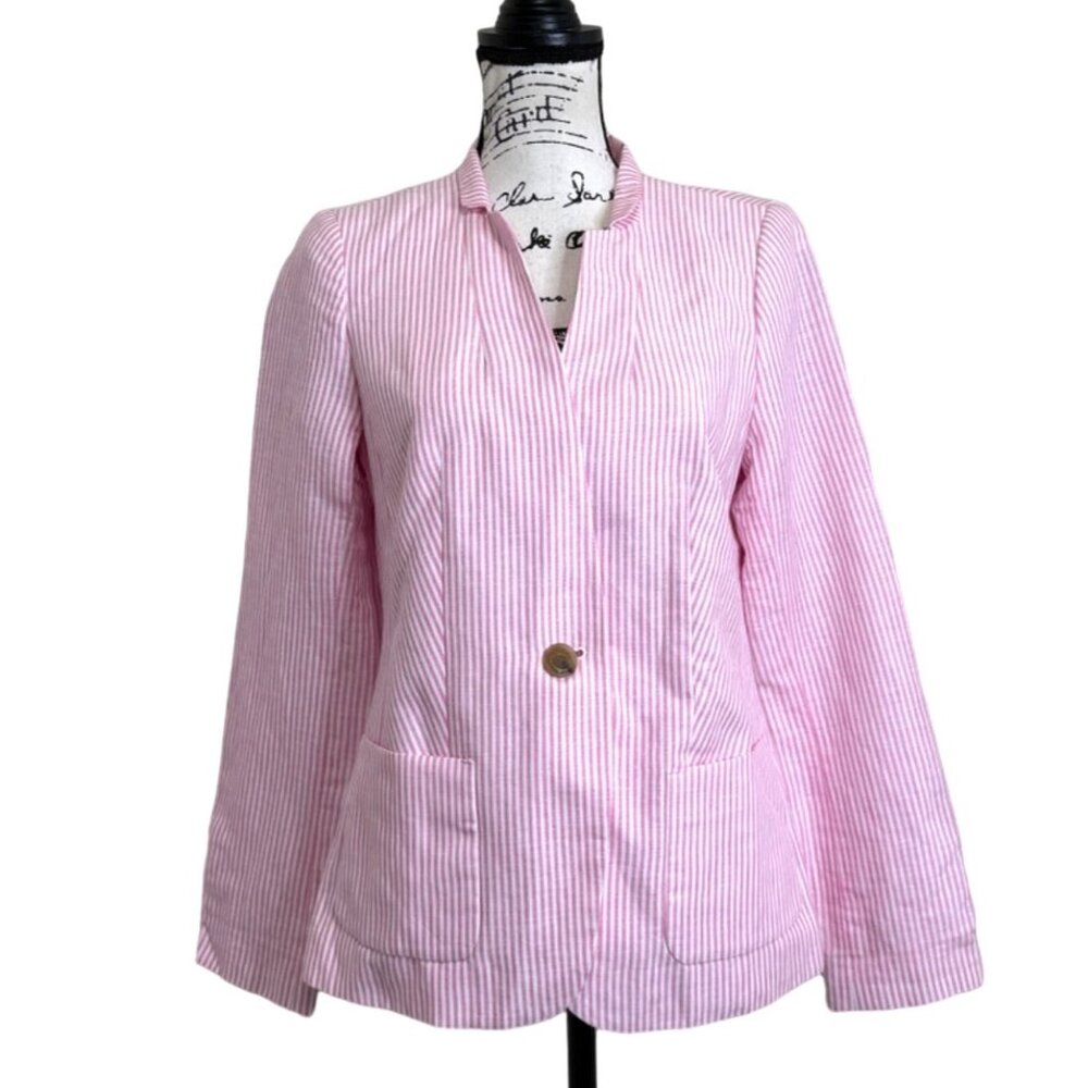 Talbots Women's Blazer Aberdeen Linen Blend Pink Striped Seersucker Size 4